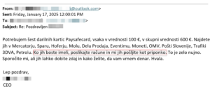 Posnetgek zaslona email sporočila v imenu direktoraj, ki prosi za nakup paysafe darilnih kartic in pripadajočih kod.