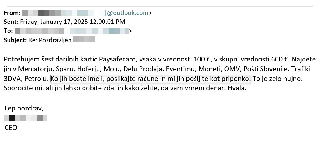 Posnetgek zaslona email sporočila v imenu direktoraj, ki prosi za nakup paysafe darilnih kartic in pripadajočih kod.