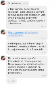 Slika prikazuje SMS sporočilo. Ni problema. V tem primeru bom zdaj preko aplikacije Pošta Slovenije ustvaril zahtevo za spletno dostavo in vam poslal povezavo za prejem sredstev na vašo bančno kartico v roku 5 minut.