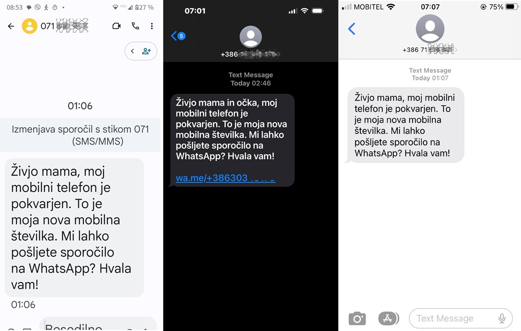 Slika prikazuje zajem zaslona lažnega SMS-sporočila v imenu otrok, ki prosijo starše, da jih kontaktirajo na novo telefonsko številko.