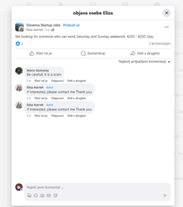 Posnetek zaslona - objava lažne ponudbe za delo od doma na Facebooku.