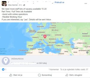 Posnetek zaslona - objava lažne ponudbe za delo od doma na Facebooku.