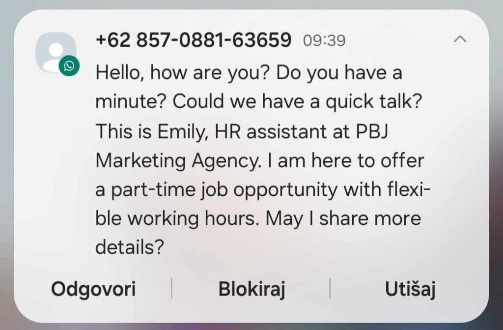 Slika prikazuje sporočilo s ponudbo za delo od doma, poslano prek whatsappa