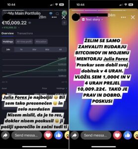 Posnetek zaslona prikazuje zlorabo uporabnikovega profila za promocijo lažnih investicijskih shem. 