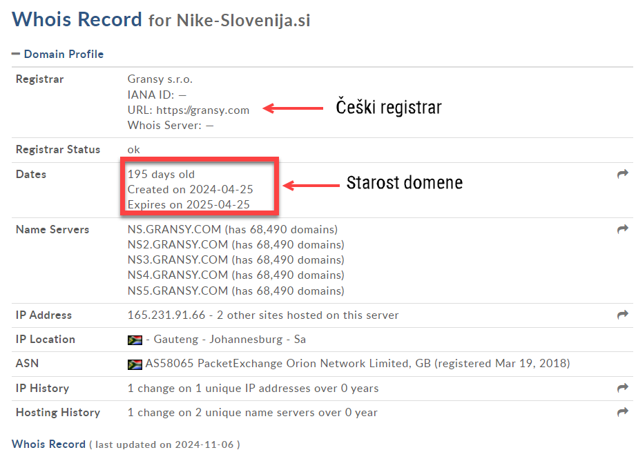 Podatki o domeni spletne trgovine z imenom Nike Slovenija kažejo, da je bila ta registrirana pri češkem registrarju.