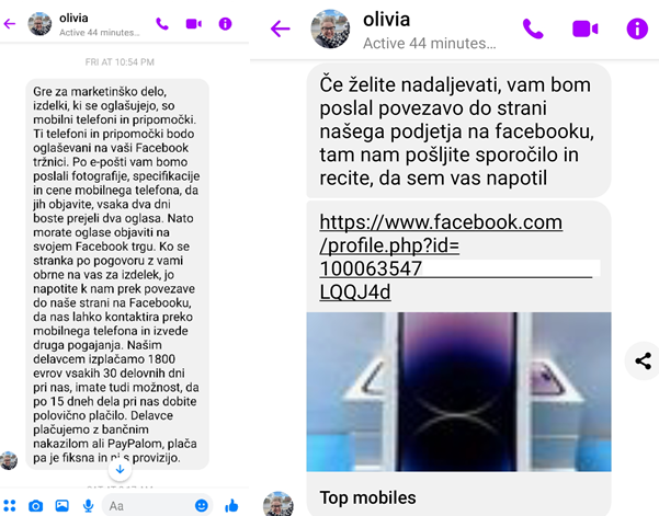 Pogovor prek FB Messengerja. Gre za lažno ponudbo za delo od doma z ocenjevanjem izdlkov na FB Marketplace.