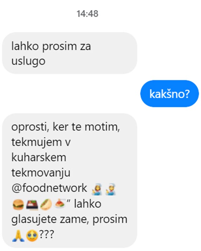 Sporočila prek FB messengerja. Prevarant prosi za posredovanje dvofaktorske kode pod pretvezo glasovanja.