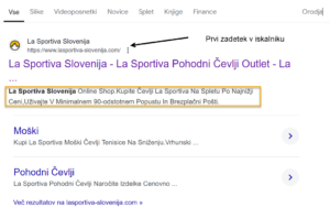 Posnetek zaslona na Googlu: prvi zadetek pri iskanju 'lasportivaslovenija' je lažna spletna trgovina. Golufi veliko denarja vložijo tudi v oglaševanje.