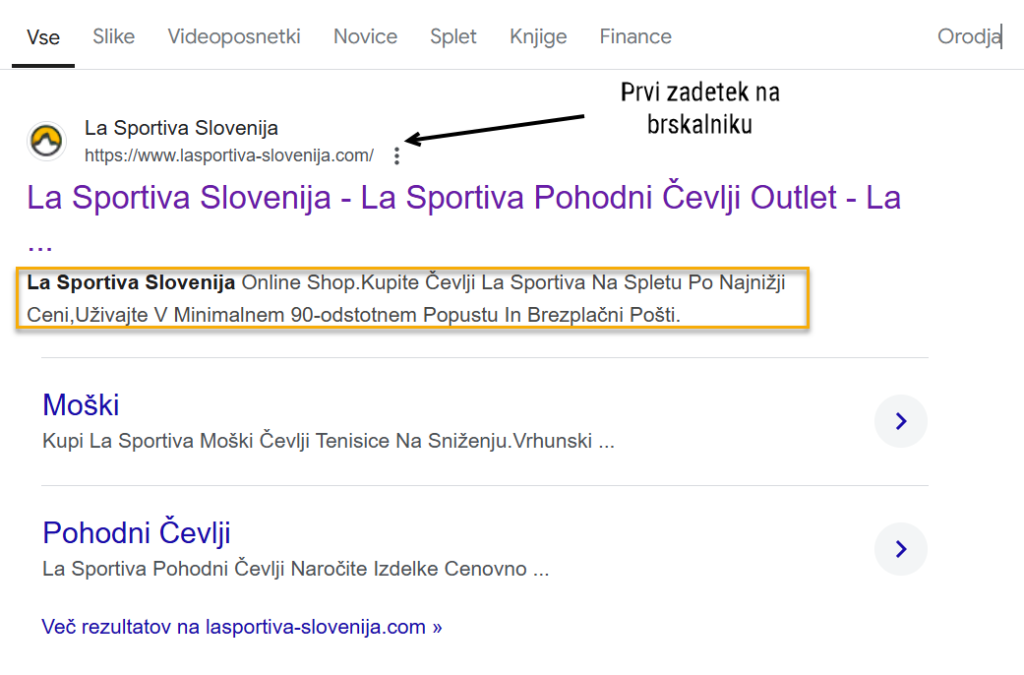 Posnetek zaslona na Googlu: prvi zadetek pri iskanju 'lasportivaslovenija'  je lažna spletna trgovina. Golufi veliko denarja vložijo tudi v oglaševanje.