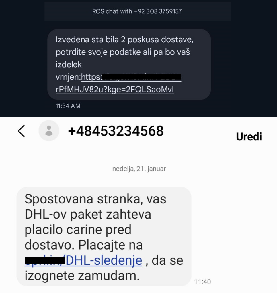 Posnetek zaslona SMS-a v ienu dostavnega podjetja. Pod krinko posodobitve podatkova dostavo, skušajo pridobiti podatke  kreditne kartice.