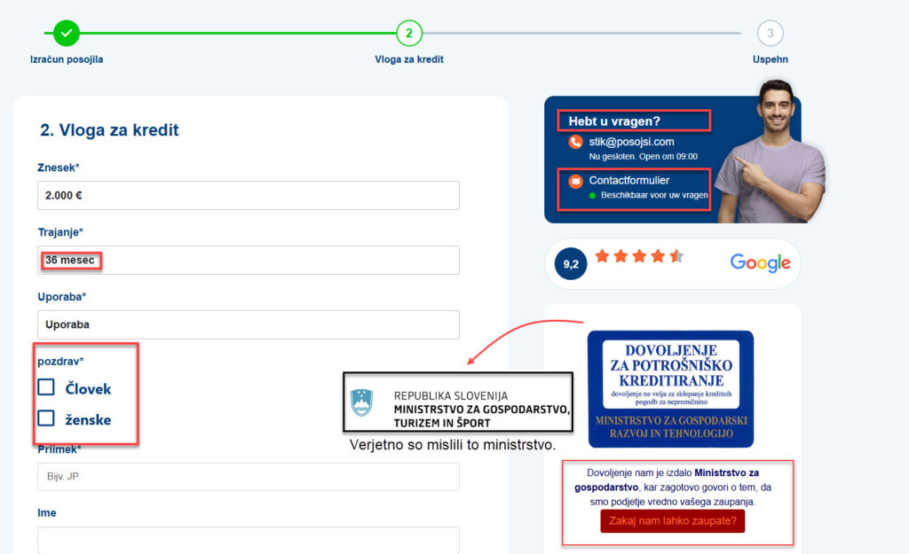 Spletna stran posoji.si - spletni obrazec za izračun kredita in napačno naveden logotip pristojnega ministrstva.