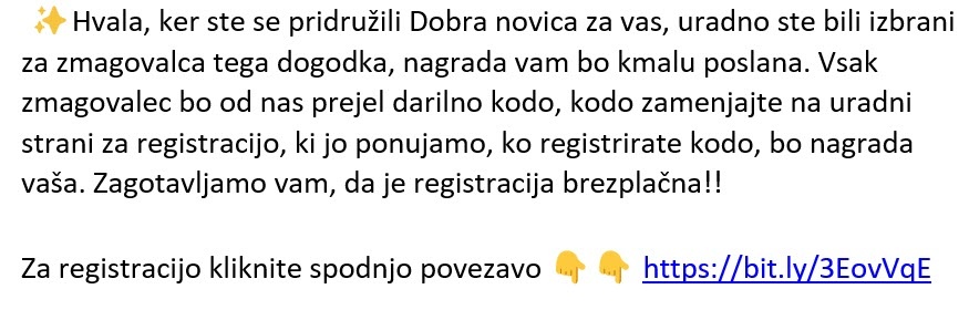 sporočilo o izboru nagrajencev s povezavo 